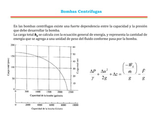 Bombas Centrífugas
En las bombas centrífugas existe una fuerte dependencia entre la capacidad y la presión
que debe desarrollar la bomba.
La carga total ha se calcula con la ecuación general de energía, y representa la cantidad de
energía que se agrega a una unidad de peso del fluido conforme pasa por la bomba.
g
F
g
m
W
z
g
u
P
S
ˆ
2
2






 





 


 