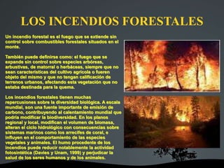 LOS INCENDIOS FORESTALES
Un incendio forestal es el fuego que se extiende sin
control sobre combustibles forestales situados en el
monte.
También puede definirse como: el fuego que se
expande sin control sobre especies arbóreas,
arbustivas, de matorral o herbáceas, siempre que no
sean características del cultivo agrícola o fueren
objeto del mismo y que no tengan calificación de
terrenos urbanos, afectando esta vegetación que no
estaba destinada para la quema.
Los incendios forestales tienen muchas
repercusiones sobre la diversidad biológica. A escala
mundial, son una fuente importante de emisión de
carbono, contribuyendo al calentamiento mundial que
podría modificar la biodiversidad. En los planos
regional y local, modifican el volumen de biomasa,
alteran el ciclo hidrológico con consecuencias sobre
sistemas marinos como los arrecifes de coral, e
influyen en el comportamiento de las especies
vegetales y animales. El humo procedente de los
incendios puede reducir notablemente la actividad
fotosintética (Davies y Unam, 1999) y perjudicar la
salud de los seres humanos y de los animales.
 