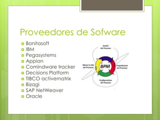Proveedores de Sofware
 Bonitasoft
 IBM
 Pegasystems
 Appian
 Comindware tracker
 Decisions Platform
 TIBCO activematrix
 Bizagi
 SAP NetWeaver
 Oracle
 