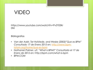 VIDEO
https://www.youtube.com/watch?v=PvZY03Kr
0NI
Bibliografias
• Van der Aalst, Ter Hofstede, and Weske (2003)”Que es BPM”
Consultado 17 de Enero 2015 en: http://www.bpm-
latam.org/home/que-es-bpm
• Nathaniel Palmer. s/f. “What is BPM?” Consultado el 17 de
Enero de 2015 en: http://bpm.com/what-is-bpm
• BPM.COM
 