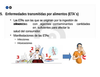 5. Enfermedades transmitidas por alimentos (ETA´s)
• Las ETAs son las que se originan por la ingestión de
alimentos cantidadesinfectados con agentes contaminantes
en suficientes para afectar la
salud del consumidor.
• Manifestaciones de las ETAs:
– Infecciones
– Intoxicaciones
– Toxiinfecciones
 