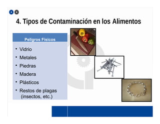 4. Tipos de Contaminación en los Alimentos
Peligros Físicos
• Vidrio
• Metales
• Piedras
• Madera
• Plásticos
• Restos de plagas
(insectos, etc.)
 