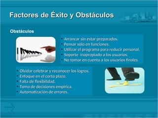 Factores de Éxito y Obstáculos
Factores de Éxito y Obstáculos
Obstáculos
• Arrancar sin estar preparados.
Arrancar sin estar preparados.
• Pensar sólo en funciones.
Pensar sólo en funciones.
• Utilizar el programa para reducir personal.
Utilizar el programa para reducir personal.
• Soporte inapropiado a los usuarios.
Soporte inapropiado a los usuarios.
• No tomar en cuenta a los usuarios finales
No tomar en cuenta a los usuarios finales.
.
• Olvidar celebrar y reconocer los logros.
Olvidar celebrar y reconocer los logros.
• Enfoque en el corto plazo.
Enfoque en el corto plazo.
• Falta de flexibilidad.
Falta de flexibilidad.
• Toma de decisiones empírica.
Toma de decisiones empírica.
• Automatización de errores.
Automatización de errores.
 