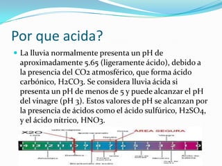 Por que acida?
 La lluvia normalmente presenta un pH de
 aproximadamente 5.65 (ligeramente ácido), debido a
 la presencia del CO2 atmosférico, que forma ácido
 carbónico, H2CO3. Se considera lluvia ácida si
 presenta un pH de menos de 5 y puede alcanzar el pH
 del vinagre (pH 3). Estos valores de pH se alcanzan por
 la presencia de ácidos como el ácido sulfúrico, H2SO4,
 y el ácido nítrico, HNO3.
 