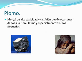 Plomo.
 Met5al de alta toxicidad y también puede ocasionar
 daños a la flora, fauna y especialmente a niños
 pequeños.
 