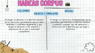 HABEAS CORPUS
HABEAS CORPUS
COLOMBIA
Proteger el derecho a la libertad individual
de las personas, garantizando que no sean
detenidas o retenidas ilegalmente y que
tengan el derecho a ser puestas a
disposición de un juez o autoridad
competente.
BRASIL
Proteger los derechos fundamentales de las
personas, garantizando su libertad individual
y evitando cualquier tipo de detención o
restricción de la libertad que sea ilegal o
arbitraria.
OBJETO / FINALIDAD
 