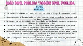 AÇÃO CIVIL PÚBLICA “ACCIÒN CIVIL PÚBLICA
AÇÃO CIVIL PÚBLICA “ACCIÒN CIVIL PÚBLICA
BRASIL
Se encuentra regulado por la Ley n.º 7.347/85 y por el Código de Procedimiento Civil.
Presentación de la demanda: Debe contener una descripción detallada de los hechos y de
los daños causados.
Notificación de los demandados: Los demandados son notificados para que presenten su
defensa en un término de 15 días.
Audiencia de conciliación: Si se considera que puede haber posibilidad de acuerdo, se
convoca a las partes a una audiencia de conciliación.
Pruebas: Se admite la práctica de pruebas, tanto documentales como testimoniales.
Sentencia: surtidas las etapas procesales, el juez emite la sentencia donde puede ordenar
la reparación del daño causado, la cesación de la actividad que genera el daño y la
imposición de multas.
Esta acción permite adoptar medidas cautelares para prevenir daños mayores mientras
se desarrolla el proceso.
Los efectos de la sentencia son erga omnes.
PROCESO
 