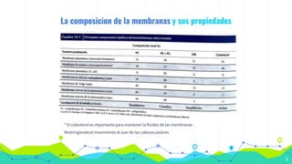 5
La composicion de la membranas y sus propiedades
* El colesterol es importante para mantener la fluidez de las membranas
Restringiendo el movimiento al azar de las cabezas polares
 