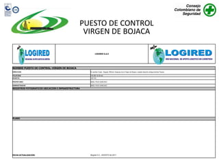 PUESTO DE CONTROL
                                                  VIRGEN DE BOJACA

                                                           LOGIRED S.A.S




NOMBRE PUESTO DE CONTROL: VIRGEN DE BOJACA
DIRECCION                                            En sentido Costa - Bogota, 500mts. Despues de la Virgen de Bojaca, costado derecho antigua bomba Texaco.

TELEFONO                                             318 280 16 29 red.
AVANTEL                                              123*153

PROPIETARIO                                          ISNEL PAVA SANCHEZ

ADMINISTRADOR                                        ISNEL PAVA SANCHEZ

REGISTROS FOTOGRAFICOS UBICACIÓN E INFRAESTRUCTURA




PLANO




FECHA ACTUALIZACION:                                 Bogota D.C., AGOSTO de 2011
 
