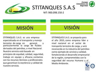 STITANQUES S.A.S
                                          NIT: 900.098.150-2




STITANQUES S.A.S. es una empresa                 STITANQUES S.A.S. se proyecta para
especializada en el transporte y manejo          el año 2015, como empresa líder a
terrestre de carga en       general,      y      nivel nacional en el sector de
particularmente la carga de fluidos              transporte terrestre de carga, y será
derivados del petróleo, a nivel Nacional.        reconocida en la industria del petróleo
Nuestro servicio está basado en                  como ejemplo de servicio y calidad;
principios de equidad, calidad, seguridad,       fortaleciendo el desarrollo empresarial
trabajo en equipo y eficacia; contamos           de la región, comprometidos con la
con los recursos técnicos y profesionales        seguridad del recurso Humano y el
que garantizan la excelencia y calidad de        Medio Ambiente.
nuestro servicio.
 