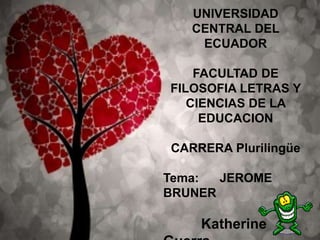 UNIVERSIDAD
CENTRAL DEL
ECUADOR
FACULTAD DE
FILOSOFIA LETRAS Y
CIENCIAS DE LA
EDUCACION
CARRERA Plurilingüe
Tema: JEROME
BRUNER
Katherine
 