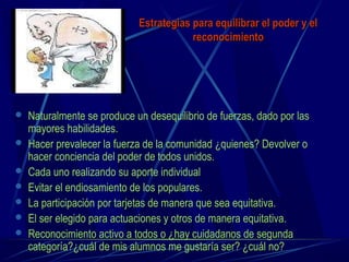 Estrategias para equilibrar el poder y elEstrategias para equilibrar el poder y el
reconocimientoreconocimiento
 Naturalmente se produce un desequilibrio de fuerzas, dado por las
mayores habilidades.
 Hacer prevalecer la fuerza de la comunidad ¿quienes? Devolver o
hacer conciencia del poder de todos unidos.
 Cada uno realizando su aporte individual
 Evitar el endiosamiento de los populares.
 La participación por tarjetas de manera que sea equitativa.
 El ser elegido para actuaciones y otros de manera equitativa.
 Reconocimiento activo a todos o ¿hay cuidadanos de segunda
categoría?¿cuál de mis alumnos me gustaría ser? ¿cuál no?
 