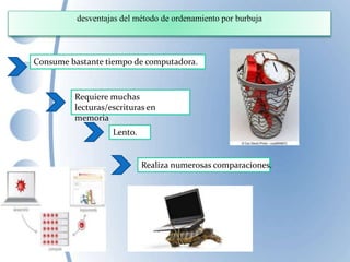 desventajas del método de ordenamiento por burbuja
Consume bastante tiempo de computadora.
Requiere muchas
lecturas/escrituras en
memoria
Lento.
Realiza numerosas comparaciones.
 