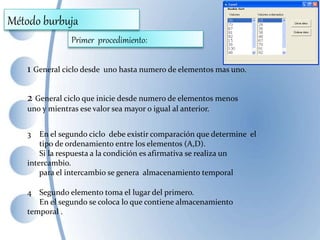 2 General ciclo que inicie desde numero de elementos menos
uno y mientras ese valor sea mayor o igual al anterior.
1 General ciclo desde uno hasta numero de elementos mas uno.
3 En el segundo ciclo debe existir comparación que determine el
tipo de ordenamiento entre los elementos (A,D).
Si la respuesta a la condición es afirmativa se realiza un
intercambio.
para el intercambio se genera almacenamiento temporal
4 Segundo elemento toma el lugar del primero.
En el segundo se coloca lo que contiene almacenamiento
temporal .
Primer procedimiento:
Método burbuja
 