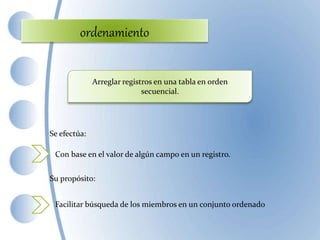 ordenamiento
Arreglar registros en una tabla en orden
secuencial.
Se efectúa:
Con base en el valor de algún campo en un registro.
Facilitar búsqueda de los miembros en un conjunto ordenado
Su propósito:
 