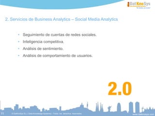 11
Servicios de Business Analytics – Social Media Analytics
 Seguimiento de cuentas de redes sociales.
 Inteligencia competitiva.
 Análisis de sentimiento.
 Análisis de comportamiento de usuarios.
 