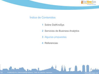 12
Algunas propuestas - Segmentación de clientes
 También podemos hacer una identificación de segmentos de clientes en base
frecuencia de compra, recencia y valor monetario (RFM).
 Hacer un seguimiento de movimiento de clientes entre segmentos.
 Una vez definidos los segmentos diseñar estrategias de de marketing adaptadas
a sus necesidades.
 Consiste en dividir automáticamente a los clientes en grupos o segmentos basándonos
en la similitud entre ellos. En función del objetivo perseguido agruparemos a los clientes
en base a variables demográficas, de comportamiento o de valor.
 