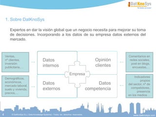 4
DatKnoSys apuesta por el Business Analytics
 El Business Analytics persigue llevar la información adecuada, a
las personas adecuadas, en el momento adecuado.
 Utiliza técnicas de estadística y data mining aplicadas a negocio.
 Permite:
• La comprensión de los clientes.
• La predicción de su comportamiento.
• La optimización del marketing
• El análisis de las redes sociales
 