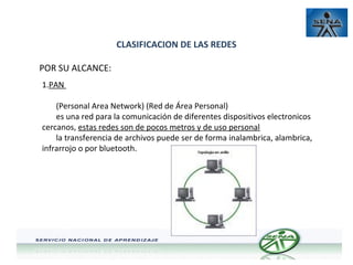 CLASIFICACION DE LAS REDES
POR SU ALCANCE:
1.PAN
(Personal Area Network) (Red de Área Personal)
es una red para la comunicación de diferentes dispositivos electronicos
cercanos, estas redes son de pocos metros y de uso personal
la transferencia de archivos puede ser de forma inalambrica, alambrica,
infrarrojo o por bluetooth.

 