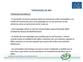 TOPOLOGIAS DE RED
TOPOLOGIA EN ANILLO:
- Es parecida a la de bus porque todas las estaciones están conectadas a un
medio de transmisión pero esta topología en vez de terminar lo dos
extremos estos se comunican entre si por pc.
- Esta topología utiliza un tipo de concentrador especial llamado MAU
(Unidad de Acceso de Multiestacion).
- El diseño de esta topología hace posible que la red funcione , incluso
cuando existe un problema de cable o conector con una estación, porque la
MAU contiene un circuito especial que sacara del anillo a esa estación
defectuosa.
- Sus principales desventajas son que el canal se degrada a medida que la
red crece y que tiene mucha lentitud en la transferencia de datos por el
MAU.

 