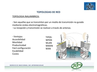 TOPOLOGIAS DE RED
TOPOLOGIA INALAMBRICA:
- Son aquellas que se transmiten por un medio de transmisión no guiado
mediante ondas electromagnéticas.
- La recepción y transmisión se realizan a través de antenas.
- Ventajas:
Accesibilidad
Movilidad
Productividad
Fácil configuración
Escabilidad
Costes

TIPOS:
WPAN
WLAN
WMAN
WAN

 