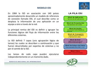 MODELO OSI
En 1984 la ISO en asociación con 140 países
aproximadamente desarrollo un modelo de referencia
de conexión llamado OSI, el cual describe como se
desplaza la información de una aplicación en un
equipo a otro a través de la red.
La principal remisa del OSI es definir y agrupar las
funciones lógicas del flujo de información entre los
diferentes sistemas.
La ISO definió 7 capas (una agrupación lógica de
tareas) las cuales se describen a continuación y que
fueron desarrolladas por expertos de sistemas y no
por el comité de la ISO.
Las tareas de cada capa pueden ejecutarse
independientemente en un momento dado.

 
