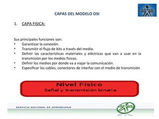 CAPAS DEL MODELO OSI
1.

CAPA FISICA:

Sus principales funciones son:
•
Garantizar la conexión.
•
Transmitir el flujo de bits a través del medio.
•
Definir las características materiales y eléctricas que van a usar en la
transmisión por los medios fisicos.
•
Definir los medios por donde va a viajar la comunicación.
•
Especificar los cables, conectores de interfaz con el medio de transmisión

 