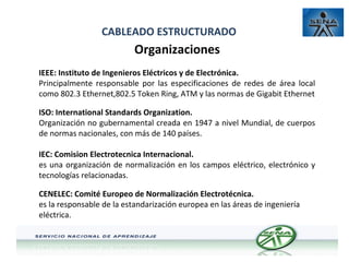 CABLEADO ESTRUCTURADO

Organizaciones
IEEE: Instituto de Ingenieros Eléctricos y de Electrónica.
Principalmente responsable por las especificaciones de redes de área local
como 802.3 Ethernet,802.5 Token Ring, ATM y las normas de Gigabit Ethernet
ISO: International Standards Organization.
Organización no gubernamental creada en 1947 a nivel Mundial, de cuerpos
de normas nacionales, con más de 140 países.
IEC: Comision Electrotecnica Internacional.
es una organización de normalización en los campos eléctrico, electrónico y
tecnologías relacionadas.
CENELEC: Comité Europeo de Normalización Electrotécnica.
es la responsable de la estandarización europea en las áreas de ingeniería
eléctrica.

 