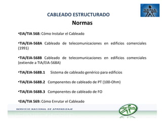 CABLEADO ESTRUCTURADO

Normas
•EIA/TIA 568: Cómo Instalar el Cableado
•TIA/EIA-568A Cableado de telecomunicaciones en edificios comerciales
(1991)
•TIA/EIA-568B Cableado de telecomunicaciones en edificios comerciales
(extiende a TIA/EIA-568A)
•TIA/EIA-568B.1

Sistema de cableado genérico para edificios

•TIA/EIA-568B.2 Componentes de cableado de PT (100-Ohm)
•TIA/EIA-568B.3 Componentes de cableado de FO
•EIA/TIA 569: Cómo Enrutar el Cableado

 