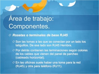 Área de trabajo:
Componentes.
Rosetas o terminales de base RJ45
Son las tomas a las que se conectan por un lado los
latiguillos. De ese lado son RJ45 Hembra.
Por detrás contienen las terminaciones según colores
de los cables que vienen del panel de parcheo
(cableado horizontal).
En las oficinas suele haber una toma para la red
(RJ45) y otra para teléfono (RJ11).

 