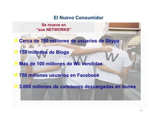 El Nuevo Consumidor
           Se mueve en
         “sus NETWORKS”

ì Cerca de 750 millones de usuarios de Skype

ì 150 millones de Blogs

ì Más de 100 millones de Wii vendidas

ì 750 millones usuarios en Facebook

ì 3.000 millones de canciones descargadas en itunes



                                                       10	
  
 