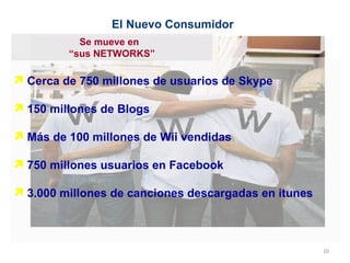Cerca de 750 millones de usuarios de Skype 150 millones de Blogs Más de 100 millones de Wii vendidas 750 millones usuarios en Facebook 3.000 millones de canciones descargadas en itunes Se mueve en  “ sus NETWORKS” El Nuevo Consumidor 