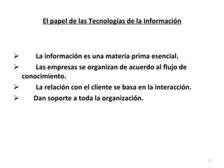 El papel de las Tecnologías de la Información La información es una materia prima esencial. Las empresas se organizan de acuerdo al flujo de conocimiento. La relación con el cliente se basa en la interacción. Dan soporte a toda la organización. 