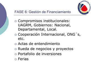 FASE 6: Gestión de Financiamiento
 Compromisos institucionales:
UAGRM, Gobiernos: Nacional,
Departamental, Local.
 Cooperación Internacional, ONG´s,
etc.
 Actas de entendimiento
 Rueda de negocios y proyectos
 Portafolio de inversiones
 Ferias
 
