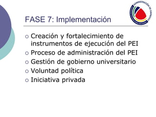 FASE 7: Implementación
 Creación y fortalecimiento de
instrumentos de ejecución del PEI
 Proceso de administración del PEI
 Gestión de gobierno universitario
 Voluntad política
 Iniciativa privada
 