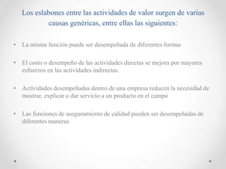 Los eslabones entre las actividades de valor surgen de varias
           causas genéricas, entre ellas las siguientes:

• La misma función puede ser desempeñada de diferentes formas

• El costo o desempeño de las actividades directas se mejora por mayores
  esfuerzos en las actividades indirectas.

• Actividades desempeñadas dentro de una empresa reducen la necesidad de
  mostrar, explicar o dar servicio a un producto en el campo

• Las funciones de aseguramiento de calidad pueden ser desempeñadas de
  diferentes maneras
 