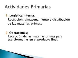 1. Logística Interna: 
Recepción, almacenamiento y distribución 
de las materias primas. 
2. Operaciones: 
Recepción de las materias primas para 
transformarlas en el producto final. 
 