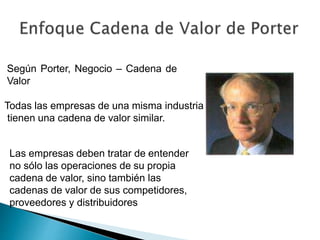 Según Porter, Negocio – Cadena de 
Valor 
Todas las empresas de una misma industria 
tienen una cadena de valor similar. 
Las empresas deben tratar de entender 
no sólo las operaciones de su propia 
cadena de valor, sino también las 
cadenas de valor de sus competidores, 
proveedores y distribuidores 
 