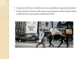  La ubicación de Nariño en Colombia hace de su zona cafetera un lugar sin duda especial
 El café cosechado en Nariño no sólo se toma en las principales ciudades del país, también
es saboreado por los más exigentes paladares del mundo.
http://www.juanvaldezcafe.com/es-co/sostenible-desde-origen/nuestra-historia/
 
