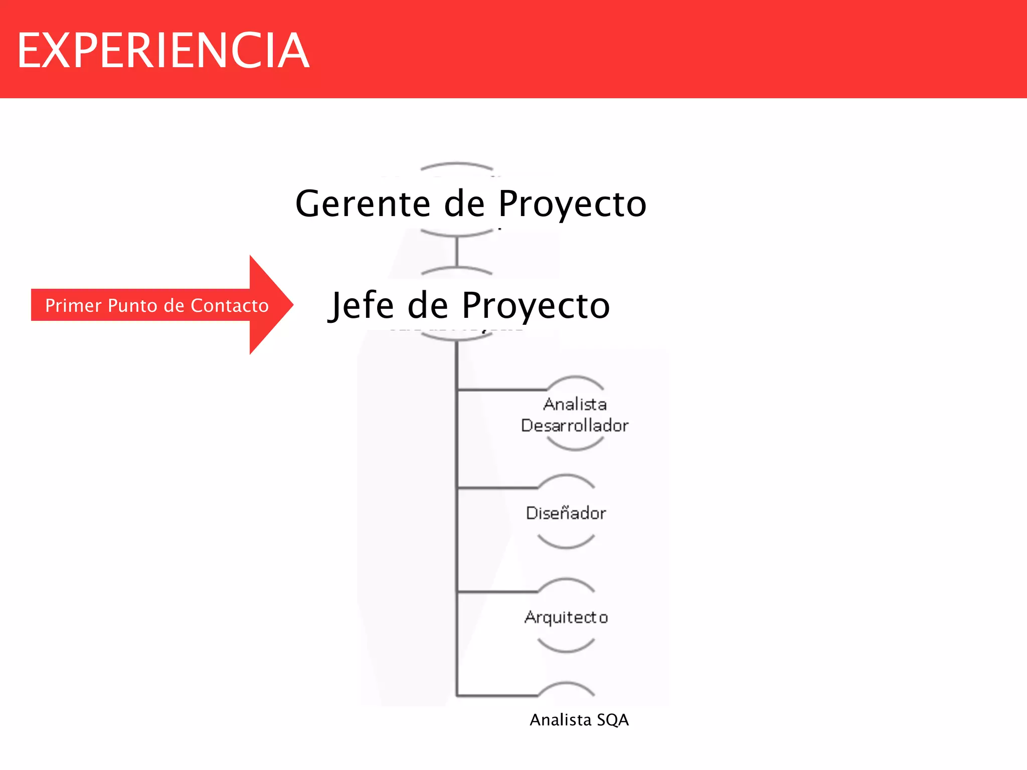 EXPERIENCIA
Gerente de Proyecto
Jefe de Proyecto
Analista SQA
Primer Punto de Contacto
 