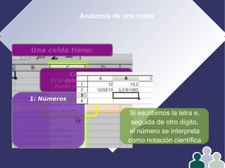 Anatomía de una celda
Una celda tiene:
Contenido
Es el dato que está dentro.
Puede ser de tres tipos:
Si escribimos la letra e,
seguida de otro dígito,
el número se interpreta
como notación científica
1: Números
Están formados solo
por dígitos, los signos
más y menos, y la coma.
Pueden escribirse
a mano o calcularse
automáticamente.
 