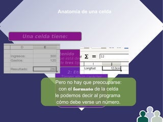 Anatomía de una celda
Una celda tiene:
Contenido
Es el dato que está dentro.
Puede ser de tres tipos:
2: Etiquetas
Tienen algún carácter
distinto a los anteriores.
Normalmente se usan
para poner títulos o
texto que necesitamos
leer para comprender
Los datos
Pero no hay que preocuparse:
con el formato de la celda
le podemos decir al programa
cómo debe verse un número.
 