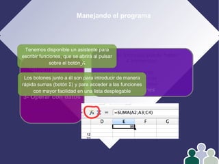 Manejando el programa
1- Edición
2- Formato
3- Operar con datos
4- Gráficos
En las fórmulas puede haber
4 elementos:
Números
Referencias
Operadores
Funciones
Tenemos disponible un asistente para
escribir funciones, que se abrirá al pulsar
sobre el botón fx
Los botones junto a él son para introducir de manera
rápida sumas (botón Σ) y para acceder a las funciones
con mayor facilidad en una lista desplegable
 