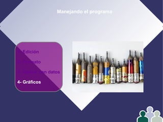 Manejando el programa
1- Edición
2- Formato
3- Operar con datos
4- Gráficos
 
