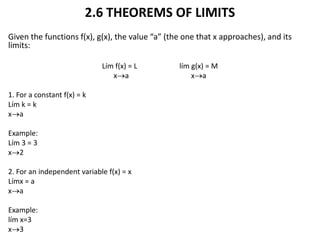2.6 THEOREMS OF LIMITS   Given the functions f(x), g(x), the value “a” (the one that x approaches), and its limits:   Lím f(x) = L                       lím g(x) = M xaxa   1. For a constant f(x) = k Lím k = k xa   Example: Lím 3 = 3 x2   2. For an independent variable f(x) = x Límx = a xa   Example: lím x=3 x3   