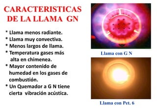 * Llama menos radiante.
* Llama muy convectiva.
* Menos largos de llama.
* Temperatura gases más
alta en chimenea.
* Mayor contenido de
humedad en los gases de
combustión.
* Un Quemador a G N tiene
cierta vibración acústica.
CARACTERISTICAS
DE LA LLAMA GN
Llama con G N
Llama con Pet. 6
 