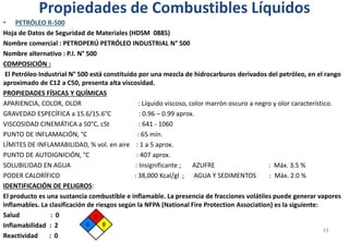 Propiedades de Combustibles Líquidos
• PETRÓLEO R-500
Hoja de Datos de Seguridad de Materiales (HDSM 0885)
Nombre comercial : PETROPERÚ PETRÓLEO INDUSTRIAL N° 500
Nombre alternativo : P.I. N° 500
COMPOSICIÓN :
El Petróleo Industrial N° 500 está constituido por una mezcla de hidrocarburos derivados del petróleo, en el rango
aproximado de C12 a C50, presenta alta viscosidad.
PROPIEDADES FÍSICAS Y QUÍMICAS
APARIENCIA, COLOR, OLOR : Líquido viscoso, color marrón oscuro a negro y olor característico.
GRAVEDAD ESPECÍFICA a 15.6/15.6°C : 0.96 – 0.99 aprox.
VISCOSIDAD CINEMÁTICA a 50°C, cSt : 641 - 1060
PUNTO DE INFLAMACIÓN, °C : 65 mín.
LÍMITES DE INFLAMABILIDAD, % vol. en aire : 1 a 5 aprox.
PUNTO DE AUTOIGNICIÓN, °C : 407 aprox.
SOLUBILIDAD EN AGUA : Insignificante ; AZUFRE : Máx. 3.5 %
PODER CALORÍFICO : 38,000 Kcal/gl ; AGUA Y SEDIMENTOS : Máx. 2.0 %
IDENTIFICACIÓN DE PELIGROS:
El producto es una sustancia combustible e inflamable. La presencia de fracciones volátiles puede generar vapores
inflamables. La clasificación de riesgos según la NFPA (National Fire Protection Association) es la siguiente:
Salud : 0
Inflamabilidad : 2
Reactividad : 0
13
 
