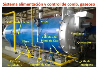 Sistema alimentación y control de comb. gaseoso
Válvulas de Gas
Ventilador
Válvula de Cierre
Quemador
Válvulas del
Piloto de Gas
Válvula
Reguladora
-Filtro
Válvula
Mariposa
MDM
 