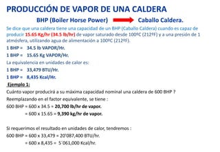 PRODUCCIÓN DE VAPOR DE UNA CALDERA
BHP (Boiler Horse Power) Caballo Caldera.
Se dice que una caldera tiene una capacidad de un BHP (Caballo Caldera) cuando es capaz de
producir 15.65 Kg/hr (34.5 lb/hr) de vapor saturado desde 100ºC (212ºF) y a una presión de 1
atmósfera, utilizando agua de alimentación a 100ºC (212ºF).
1 BHP = 34.5 lb VAPOR/Hr.
1 BHP = 15.65 Kg VAPOR/Hr.
La equivalencia en unidades de calor es:
1 BHP = 33,479 BTU/Hr.
1 BHP = 8,435 Kcal/Hr.
Ejemplo 1:
Cuánto vapor producirá a su máxima capacidad nominal una caldera de 600 BHP ?
Reemplazando en el factor equivalente, se tiene :
600 BHP = 600 x 34.5 = 20,700 lb/hr de vapor.
= 600 x 15.65 = 9,390 kg/hr de vapor.
Si requerimos el resultado en unidades de calor, tendremos :
600 BHP = 600 x 33,479 = 20’087,400 BTU/hr.
= 600 x 8,435 = 5´061,000 Kcal/hr.
 
