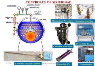 CONTROLES DE SEGURIDAD
ENERGIAY COMBUSTION 29
informes@energiaycombustion.com.pe
Válvulas de Seguridad
Manómetro y Presostatos
Control de nivel MDM
Presostato de Aire
Fotocelda UV Programador
Control de nivel por Electrodo
 